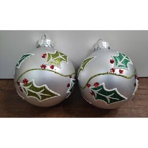 2 Vintage G&B Blown Glass Ball Christmas Ornaments Sikver Holly Berry Design
